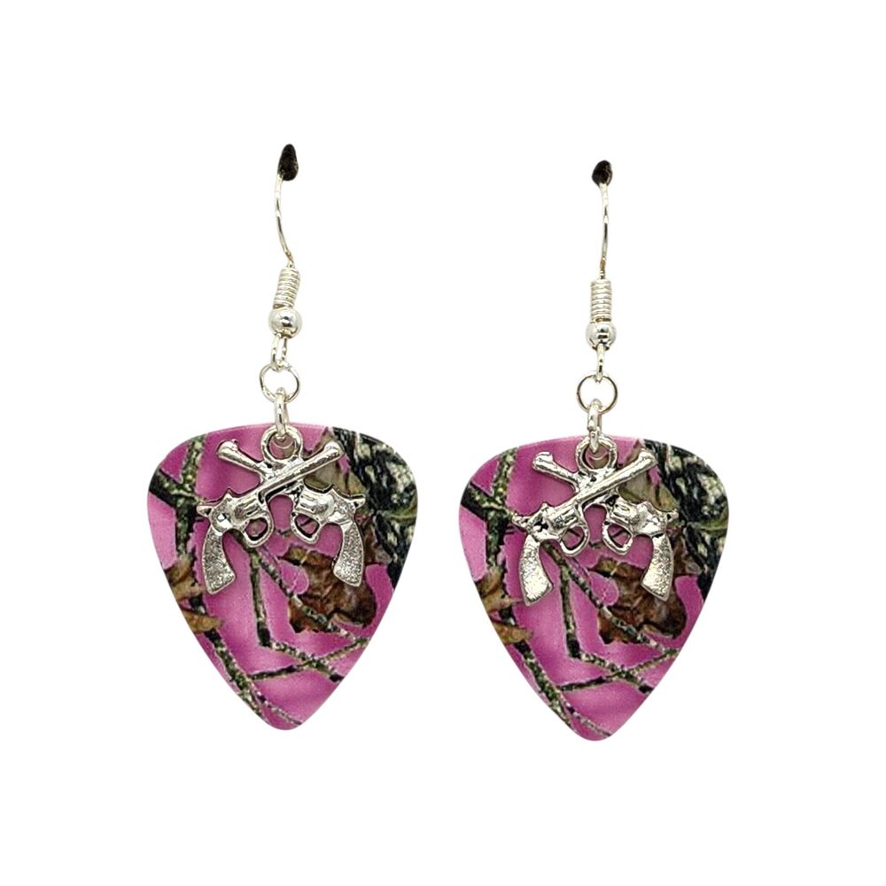 Crossed Guns Pistols Revolvers on Guitar Pick Earrings - Choose Color - Handmade